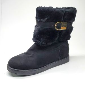 G By Guess Addalyn Black Faux Fur Ankle Strap Ankle Boot EUC